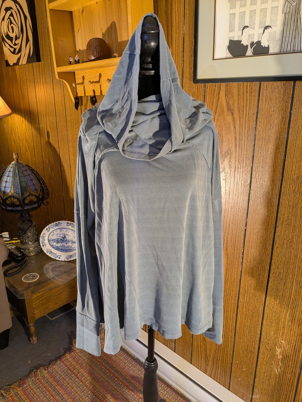 Women's Oversized Cowl Hooded Long-Sleeve Top in Dusty Blue